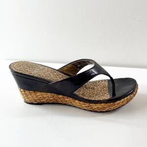 Paolo Dina Patent Leather Slip On Wedge Thong Sandals Loam Brown 8.5